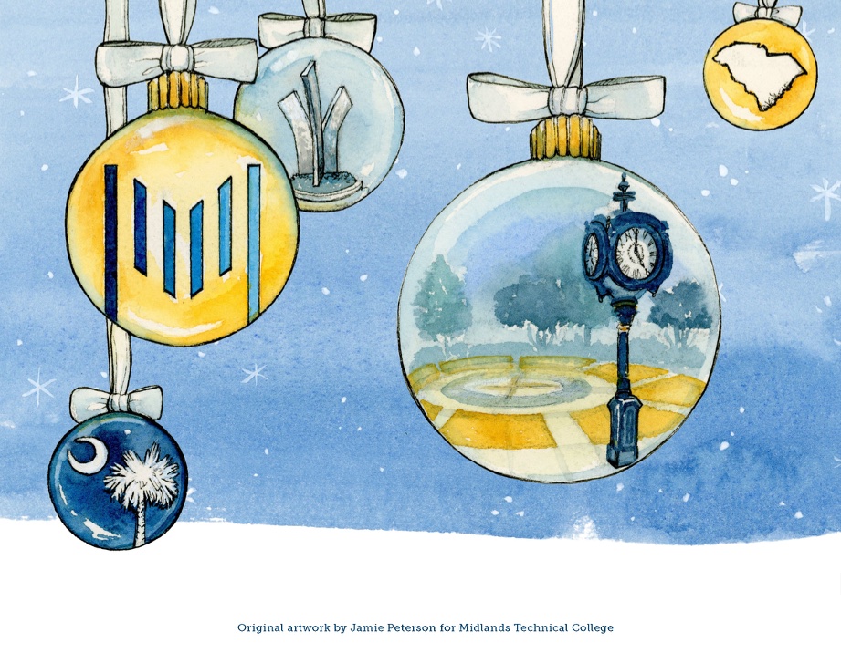 Original artwork by Jamie Peterson showing ornaments adorned with MTC images and the S.C. State Flag.
